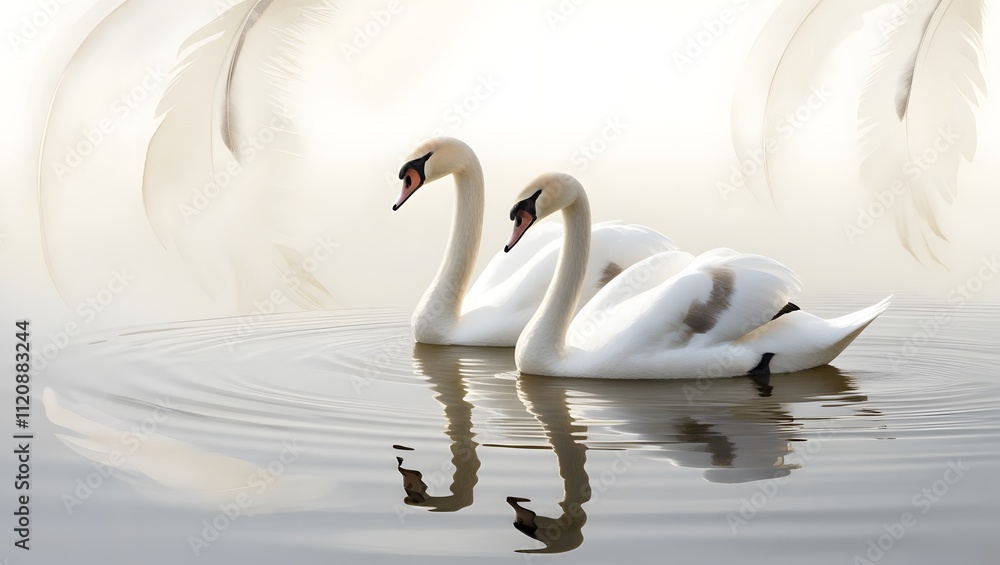 Obraz premium Elegant swans swimming in serene waters tranquil lake wildlife photography calm environment close-up view nature's beauty