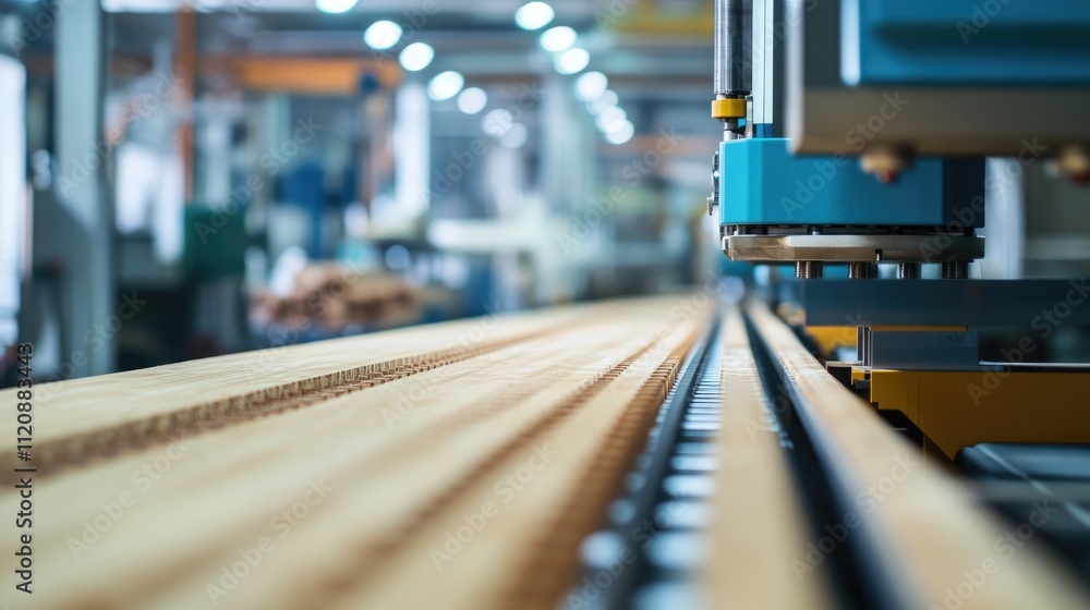 CNC Automatic Woodworking Machine on Production Line in Modern Factory Setting with Focus on Wooden Flooring Manufacturing Process CNC Automatic Woodworking Machine on Production Line in Modern Factory Setting with Focus on Wooden Flooring Manufacturing Process