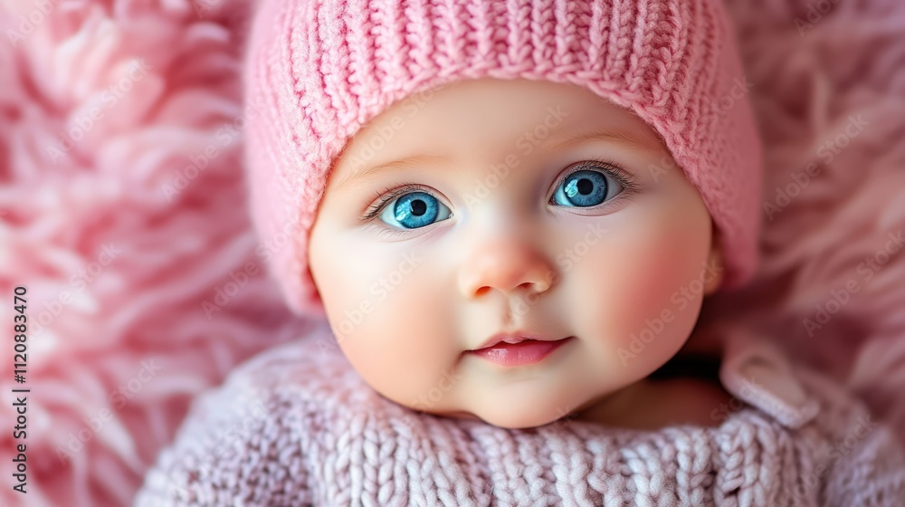 Adorable baby girl with bright blue eyes wearing a knitted pink hat and sweater, gazing at the camera, close-up on plush pink blanket, innocence, baby portrait, childhood, warmth. Adorable baby girl with bright blue eyes wearing a knitted pink hat and sweater, gazing at the camera, close-up on plush pink blanket, innocence, baby portrait, childhood, warmth.