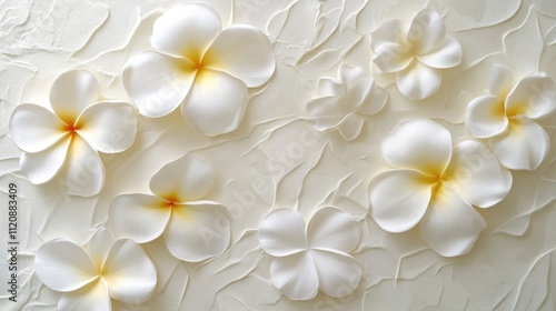 Plumeria flowers embossed design on textured wall surface in elegant decorative arrangement