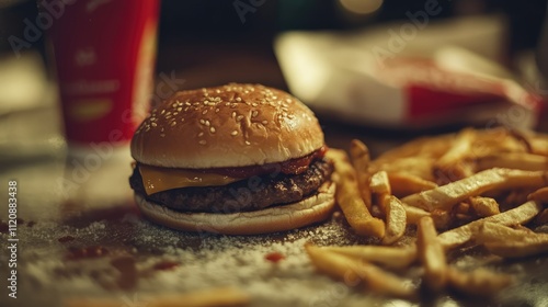 Fast food waste with burgers and fries scattered on the floor illustrating the problem of food disposal and consumer habits photo