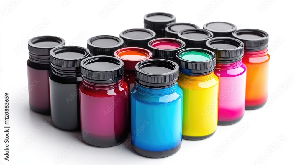 Colorful printing inks in bottles arranged on a white background showcasing a vibrant palette for creative design and graphic arts applications Colorful printing inks in bottles arranged on a white background showcasing a vibrant palette for creative design and graphic arts applications