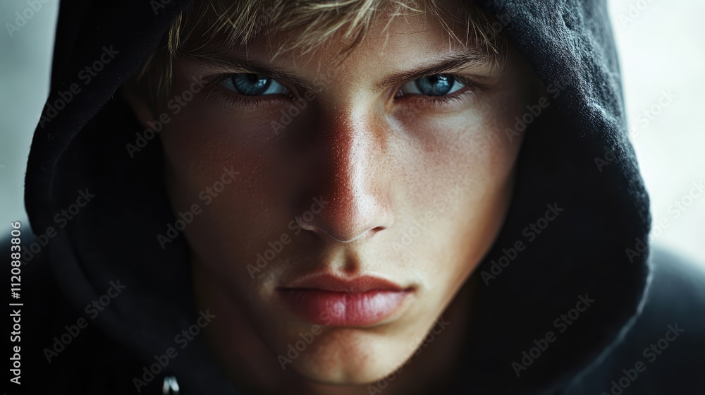 Close-up portrait of a young man with intense blue eyes, wearing a dark hooded sweatshirt, dramatic lighting highlighting facial features, youth, fashion, emotion, modern style. Close-up portrait of a young man with intense blue eyes, wearing a dark hooded sweatshirt, dramatic lighting highlighting facial features, youth, fashion, emotion, modern style.