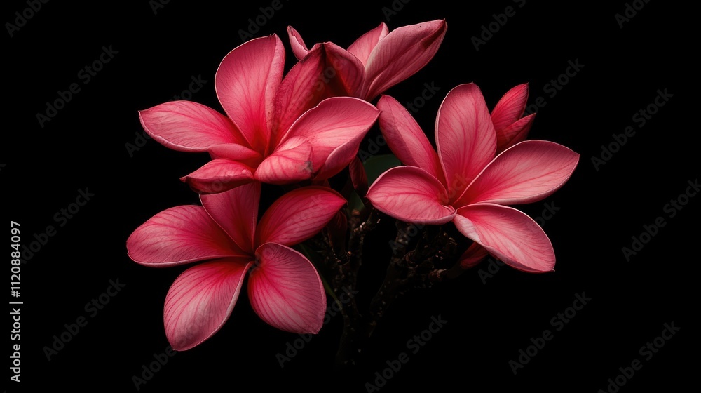 Fototapeta premium Close-up view of a vibrant bouquet of red and pink plumeria flowers against a solid black background, emphasizing their delicate petals and rich colors, floral arrangement, nature, beauty.