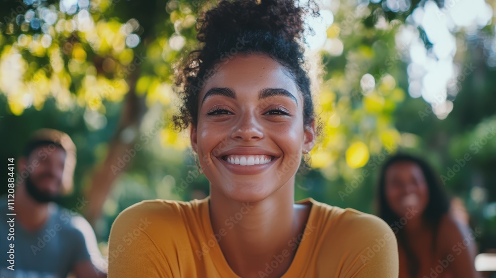 Joyful biracial woman smiling in a park setting with friends blurred in the background, capturing the essence of remote work, friendship, and modern lifestyle, community, outdoor. Joyful biracial woman smiling in a park setting with friends blurred in the background, capturing the essence of remote work, friendship, and modern lifestyle, community, outdoor.