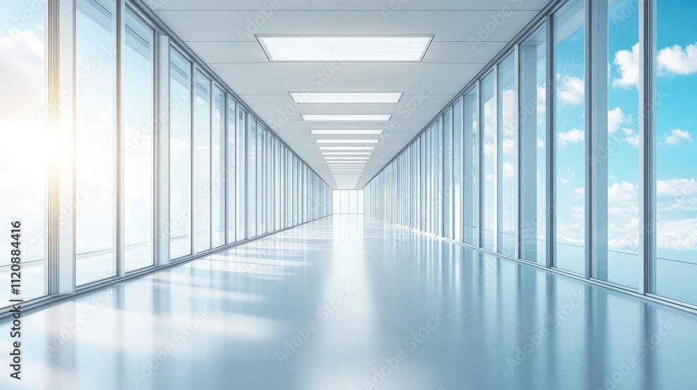 Obraz premium Sleek modern hallway with extensive glass windows showcasing natural light and open space in a contemporary architectural design.