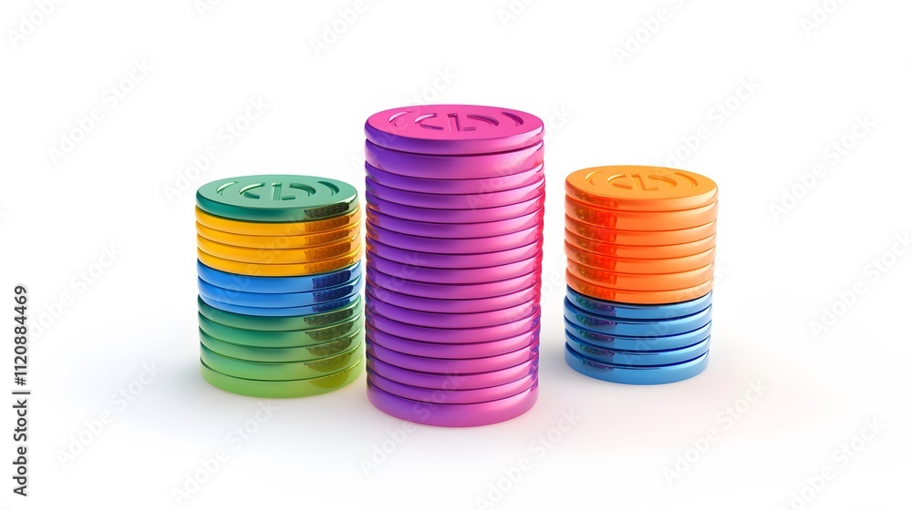 A vibrant display of stacked coins, progress bars, and goal symbols for strategic business finance. White background. No shadow A vibrant display of stacked coins, progress bars, and goal symbols for strategic business finance. White background. No shadow