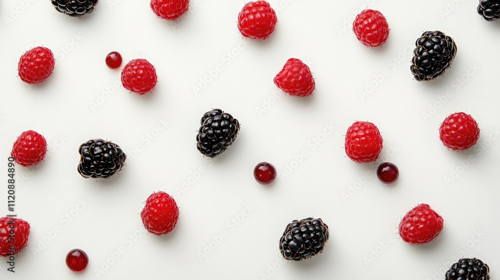 Fresh raspberries and blackberries scattered on a clean white background in a studio setting with vibrant colors and natural textures Fresh raspberries and blackberries scattered on a clean white background in a studio setting with vibrant colors and natural textures