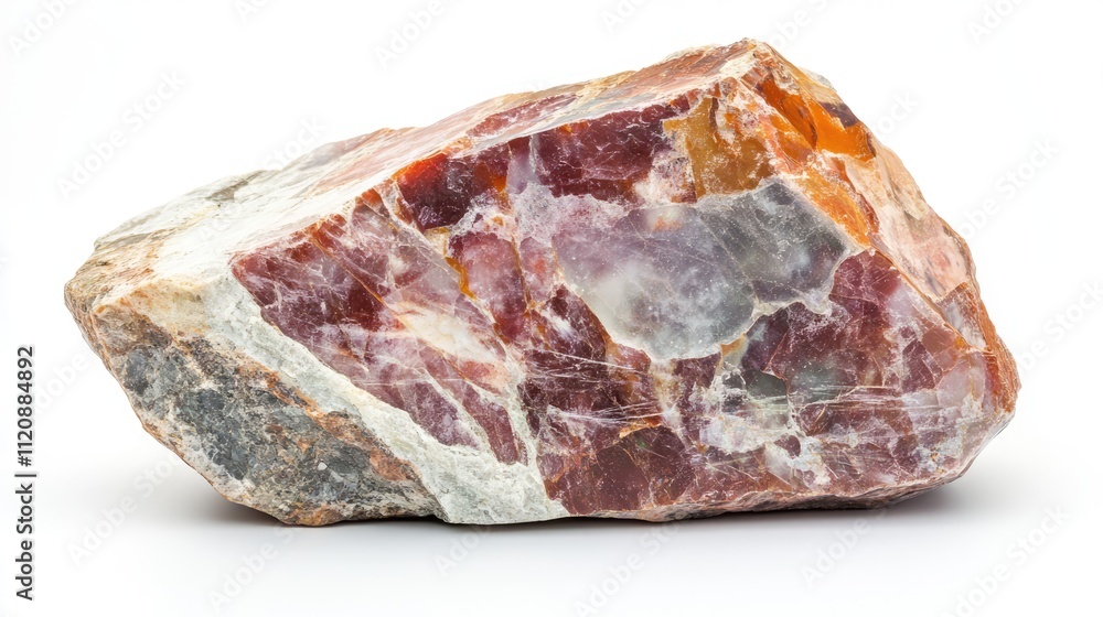 Colorful quartzite stone specimen isolated on white background showcasing natural textures and mineral formations for geology and design use. Colorful quartzite stone specimen isolated on white background showcasing natural textures and mineral formations for geology and design use.