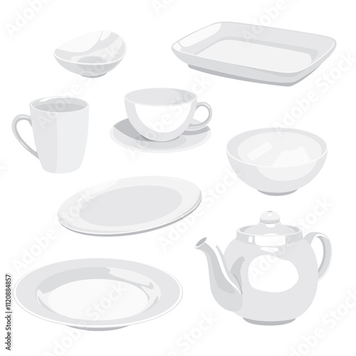 vector illustration of various white ceramic tableware