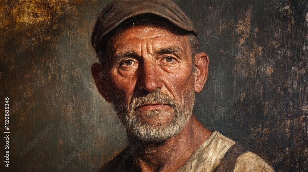 Weathered laborer portrait with expressive features highlighting resilience and hard work against a textured backdrop. Weathered laborer portrait with expressive features highlighting resilience and hard work against a textured backdrop.