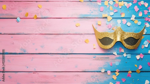 Purim celebration elements with colorful confetti and golden mask on pastel pink and blue wooden background for festive carnival theme photo