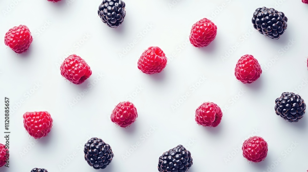 Fresh raspberries and blackberries scattered on a clean white background showcasing vibrant colors and textures of delicious berries Fresh raspberries and blackberries scattered on a clean white background showcasing vibrant colors and textures of delicious berries