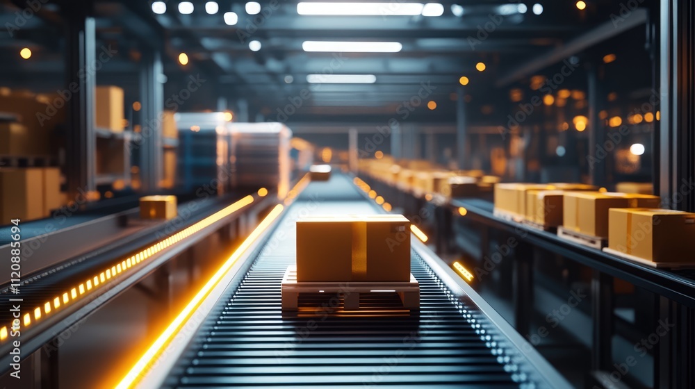 Fototapeta premium Packages moving on a conveyor belt in a modern factory showcasing automated production and efficient logistics systems