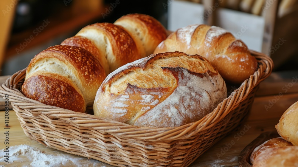 Artisan bread varieties displayed in a rustic woven basket showcasing traditional baking techniques and fresh ingredients Artisan bread varieties displayed in a rustic woven basket showcasing traditional baking techniques and fresh ingredients