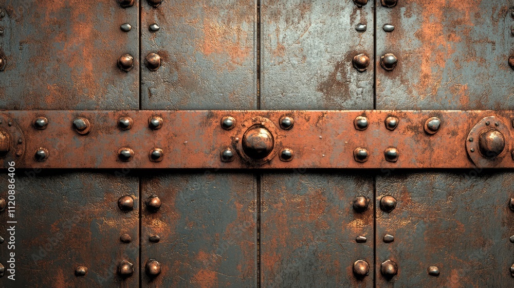 Fototapeta premium Rusty metal texture with decorative rivets on an old steel surface ideal for backgrounds in industrial and vintage design projects