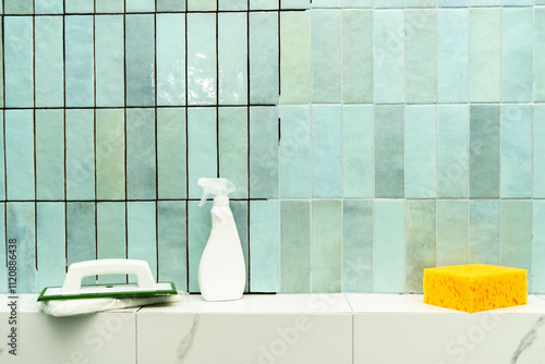 Applying epoxy grout and adhesive to ceramic tiles in a bright bathroom space.