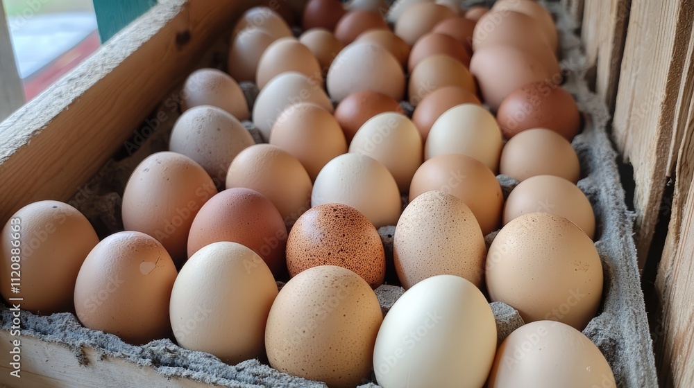 Freshly harvested farm eggs nestled in a rustic wooden crate showcasing diverse colors and sizes reflecting a healthy poultry farm. Freshly harvested farm eggs nestled in a rustic wooden crate showcasing diverse colors and sizes reflecting a healthy poultry farm.