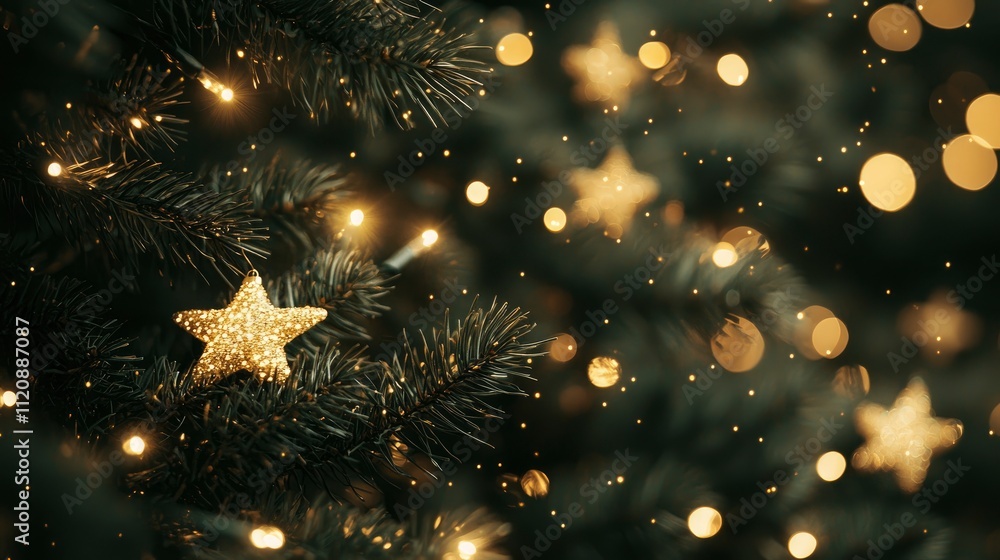 Fototapeta premium Golden Star Ornament on a Christmas Tree with Warm Bokeh Lights