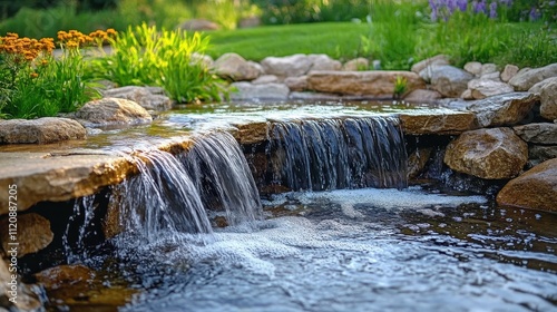 Wallpaper Mural Serene waterfall flows over rocks in a garden setting. Perfect for nature, tranquility, and relaxation themes. Torontodigital.ca