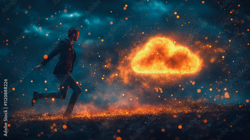 Naklejka premium A man is running through a field of fire, with a large orange cloud in the background. The scene is intense and dramatic, with the man's actions and the fiery cloud creating a sense of urgency