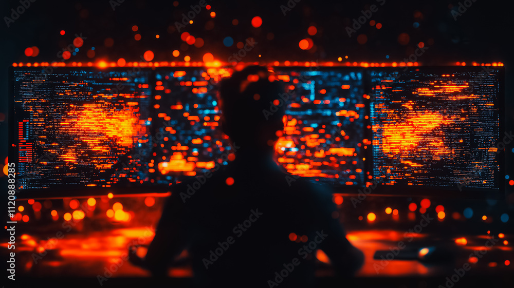 A man is sitting in front of a computer monitor with a blurry face. The monitor displays a series of glowing lines and dots, creating a sense of chaos and confusion. The man is focused on the screen A man is sitting in front of a computer monitor with a blurry face. The monitor displays a series of glowing lines and dots, creating a sense of chaos and confusion. The man is focused on the screen