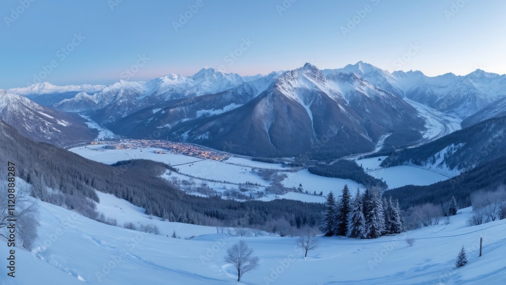 Panoramic Snowy Alpine Landscape, Evening View of Mountain Village Panoramic Snowy Alpine Landscape, Evening View of Mountain Village