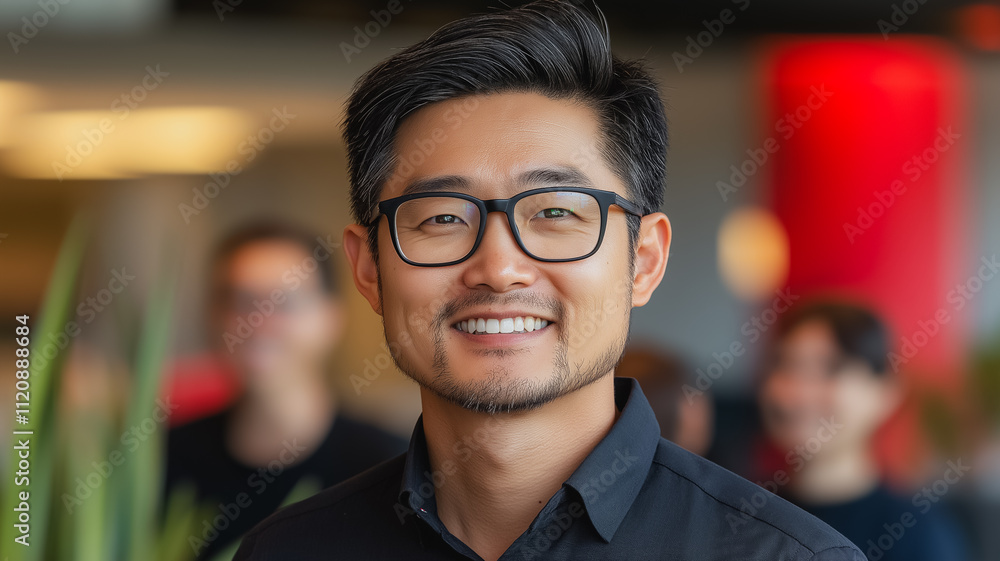 A man with glasses is smiling and looking at the camera. He is wearing a black shirt and glasses A man with glasses is smiling and looking at the camera. He is wearing a black shirt and glasses