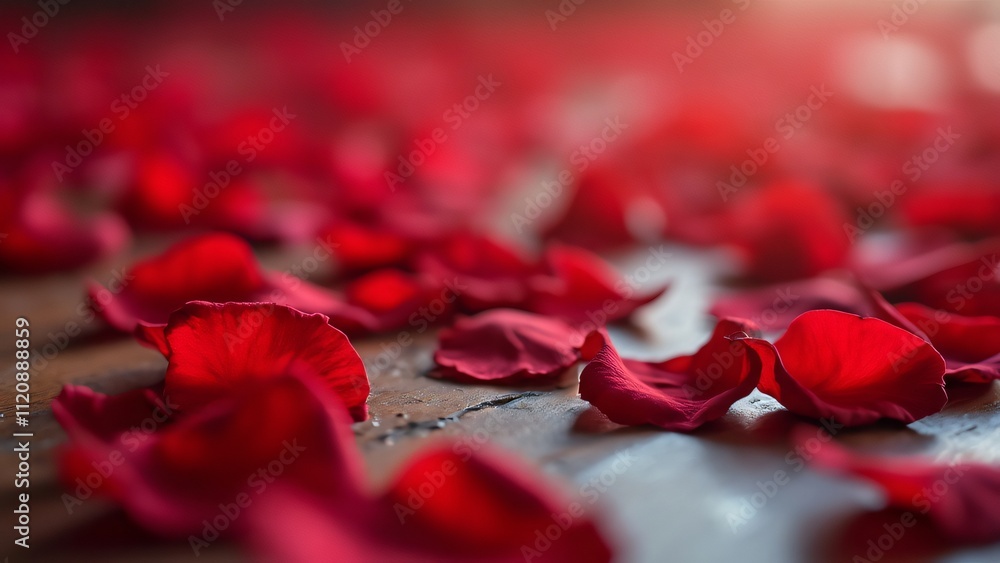 Enchanted Valentine's Day, Close-Up of Scattered Red Rose Petals on Wooden Floor Enchanted Valentine's Day, Close-Up of Scattered Red Rose Petals on Wooden Floor