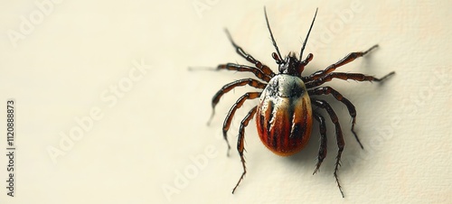 Close Up of Female Tick on Beige Background Macro Photography Detailed Texture Infestation Concept photo