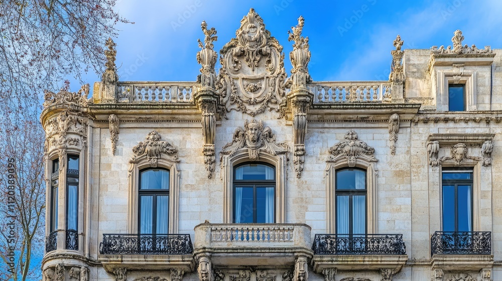 Fototapeta premium Ornate Historic Architecture of a European Building Under Blue Sky