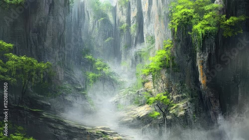 Misty Mountain Gorge with Lush Greenery, 4K animation video looping