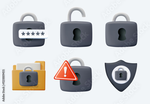 Simple Set of Locks Related Vector 3D Icons. Contains such Icons as Locked Document, Caution lock, Padlock and more. 3D realistic cartoon style. UI web illustrations set for security, data protection
