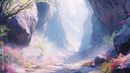 A Misty Canyon Pathway with Blooming Flowers and Trees, 4K animation video looping