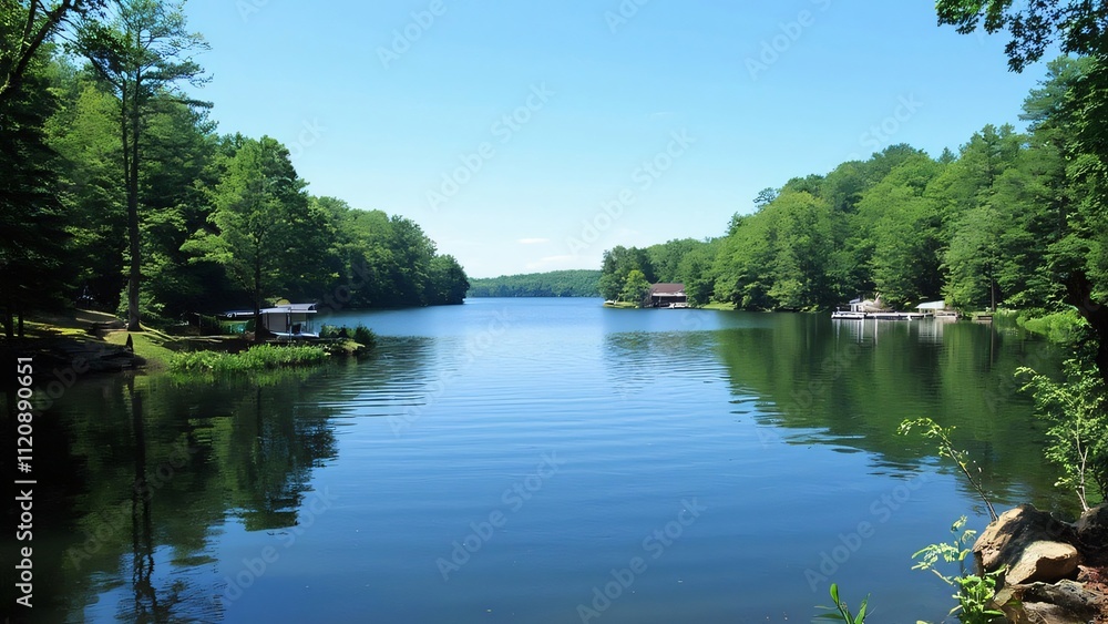 Serene New Jersey Lake, Campers on Island, Lush Forest, Crystal Clear Water Serene New Jersey Lake, Campers on Island, Lush Forest, Crystal Clear Water