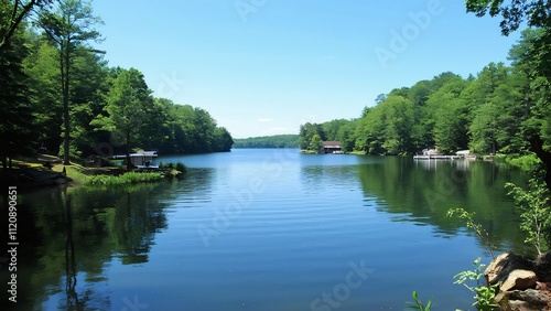 Serene New Jersey Lake, Campers on Island, Lush Forest, Crystal Clear Water