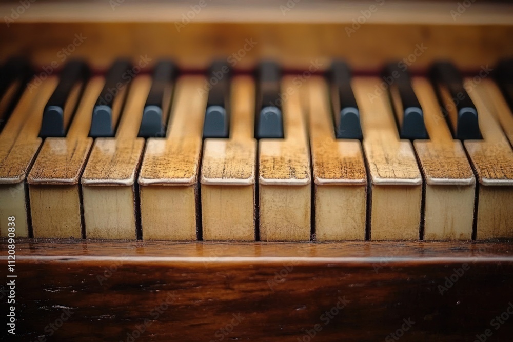 Close-up of antique piano keys in warm light with soft focus Close-up of antique piano keys in warm light with soft focus