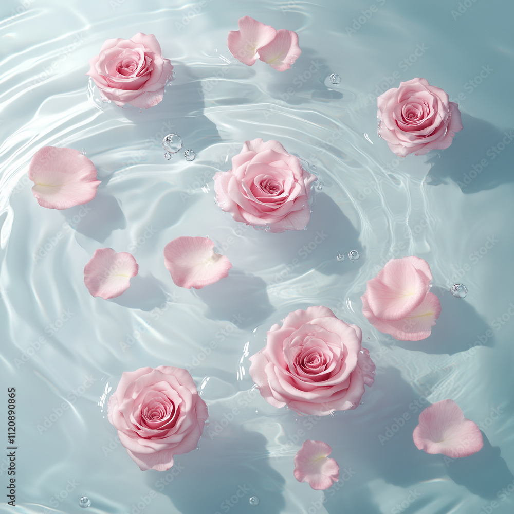 Rose flower petals floating in water. Spring summer sun and shadows minimal nature background Rose flower petals floating in water. Spring summer sun and shadows minimal nature background