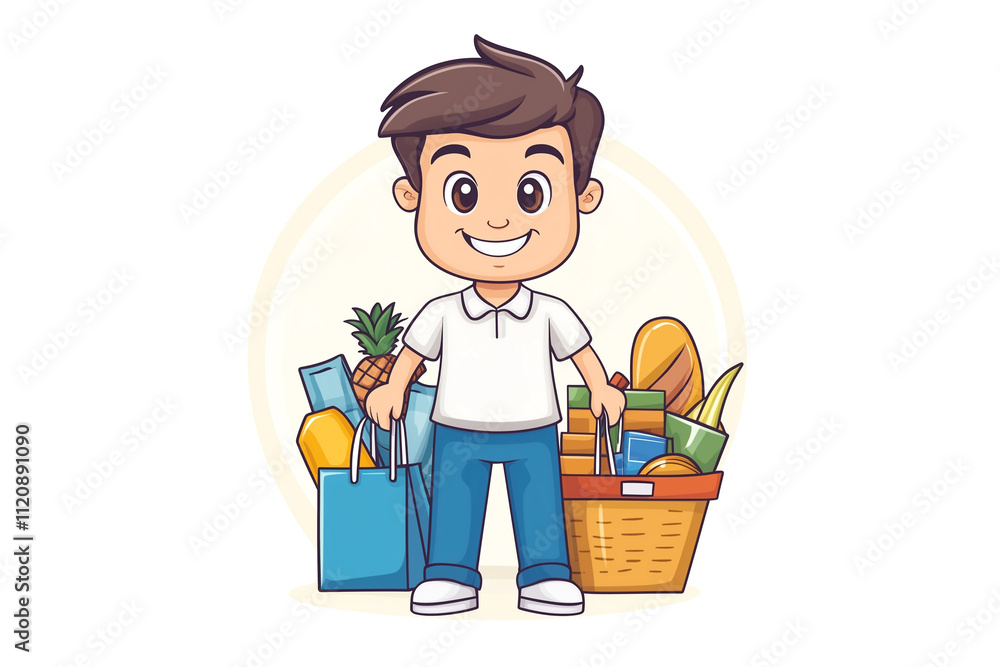 A cartoon boy is holding a basket full of groceries and a blue shopping bag. He is smiling and he is happy about his shopping trip A cartoon boy is holding a basket full of groceries and a blue shopping bag. He is smiling and he is happy about his shopping trip