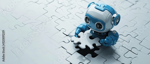 Robot placing puzzle piece, problem-solving concept.