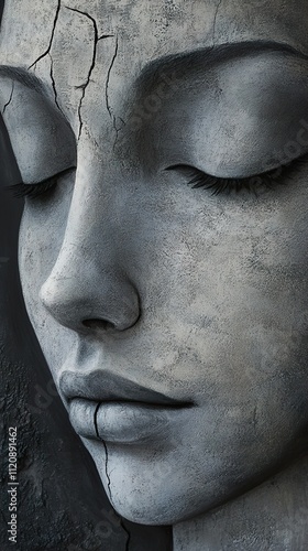 Serene Stone Face: A Gray Sculpture of Tranquility photo