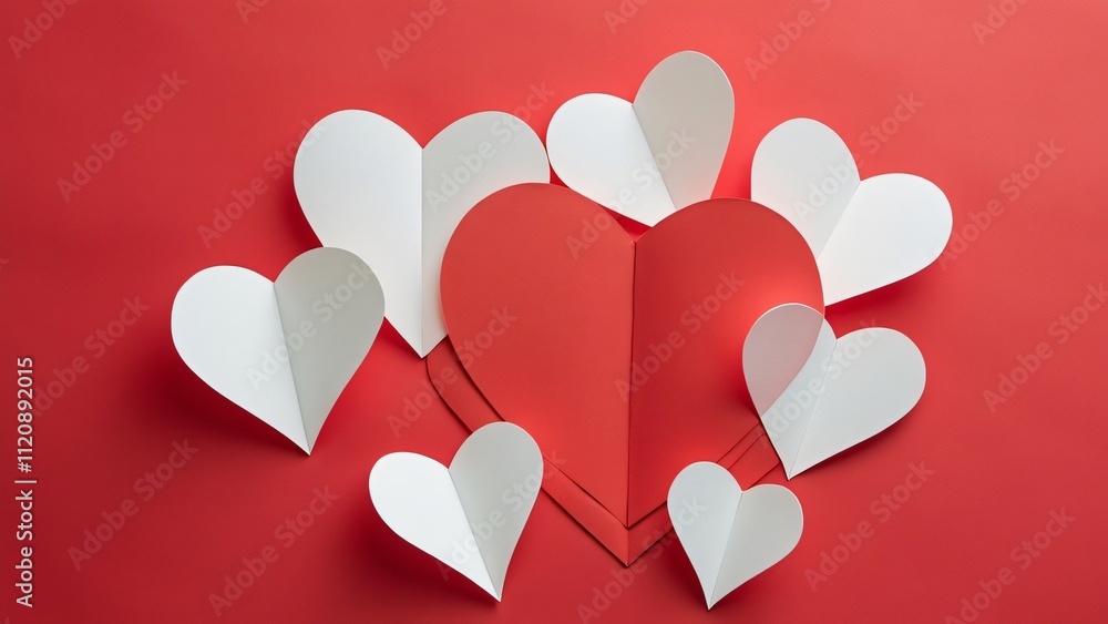 Romantic Valentine's Day, Red Background with White Paper Hearts of Varying Sizes Romantic Valentine's Day, Red Background with White Paper Hearts of Varying Sizes