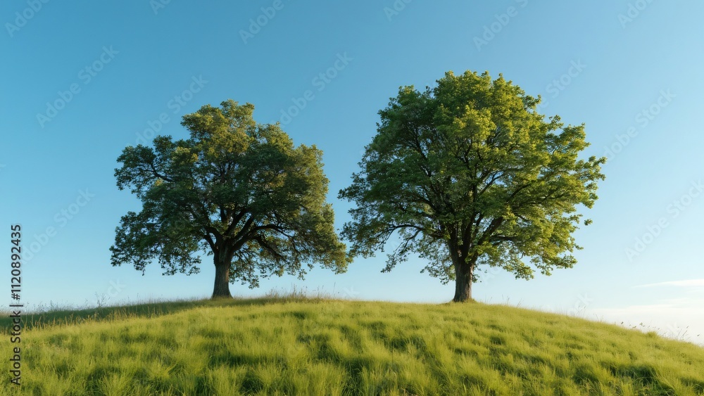 Obraz premium Two Majestic Oak Trees on Sunny Hilltop - Idyllic Summer Landscape Photo