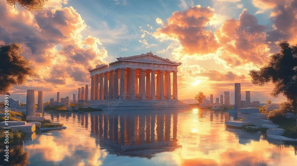 Fototapeta premium Olympus Ancient Greek Temple Ruins Sunrise Mythology Art Divine Gods Landscape