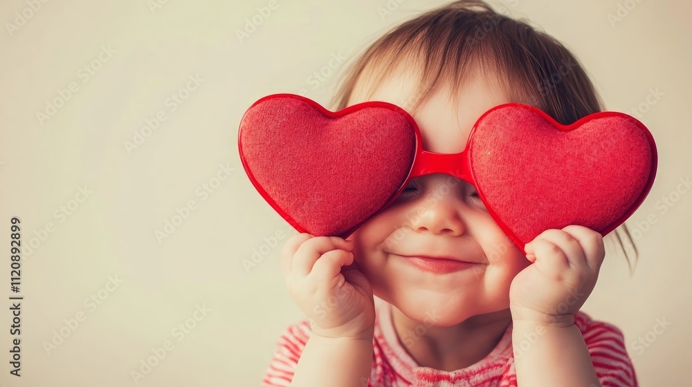Portrait of an adorable beautiful child holding big red hearts, having fun celebrating Valentine's Day. Beige background. Copy space Portrait of an adorable beautiful child holding big red hearts, having fun celebrating Valentine's Day. Beige background. Copy space