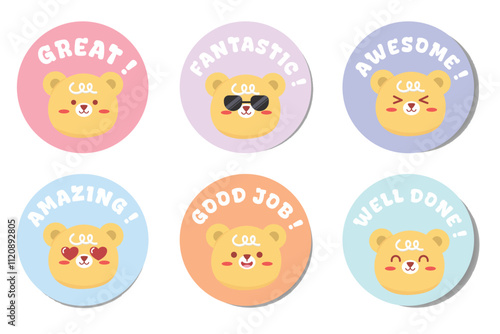 Great job stickers set illustration. Kids motivation phrase stickers with cute animal illustration. Suitable for flat design illustration, clip art, stickers, etc