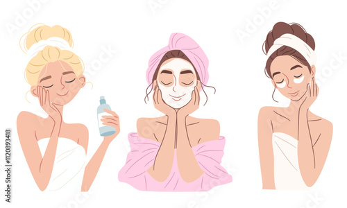 A set of flat vector illustrations in a simple style. Woman dressed in towel are engaged in cosmetic procedures, face masks and patches. Self-care and self-love concept. Vector illustration