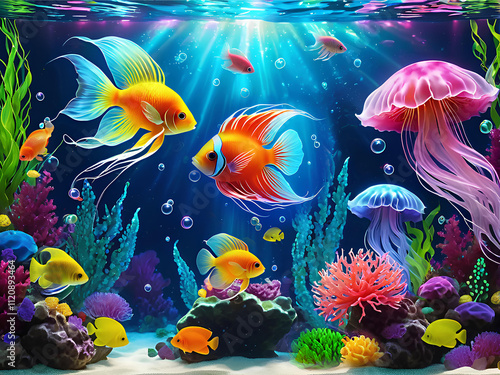 Close - up of beautiful big and small fish and Jellyfish in a beautifully decorated aquarium. fish.27