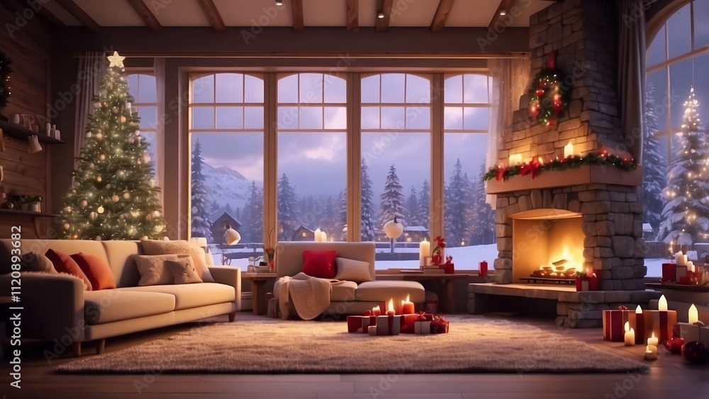 Snowflakes may be seen through the huge windows in the warm living area with the fireplace and Christmas decorations. Smooth looping Time-lapse animation in 4K Snowflakes may be seen through the huge windows in the warm living area with the fireplace and Christmas decorations. Smooth looping Time-lapse animation in 4K