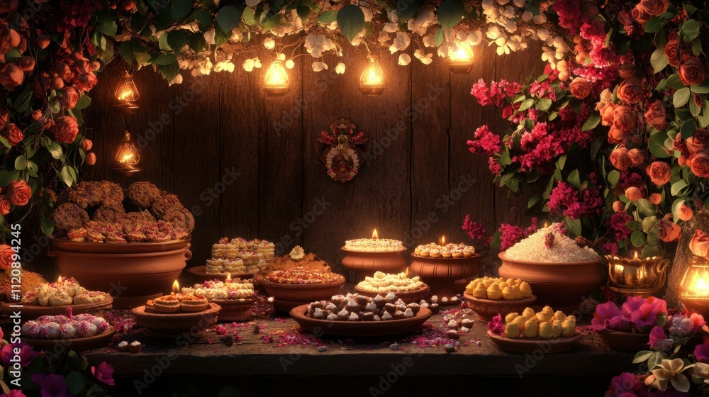 A beautifully lit Diwali setup with traditional sweets, clay lamps, and decorative flowers, creating a warm and festive ambiance. A beautifully lit Diwali setup with traditional sweets, clay lamps, and decorative flowers, creating a warm and festive ambiance.